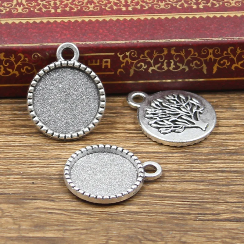 15pcs Fit 14mm Round Life Tree Glass Cabochon Base Setting Antique Bronze Silver Color Color Pendant Tray For Jewelry DIY Making