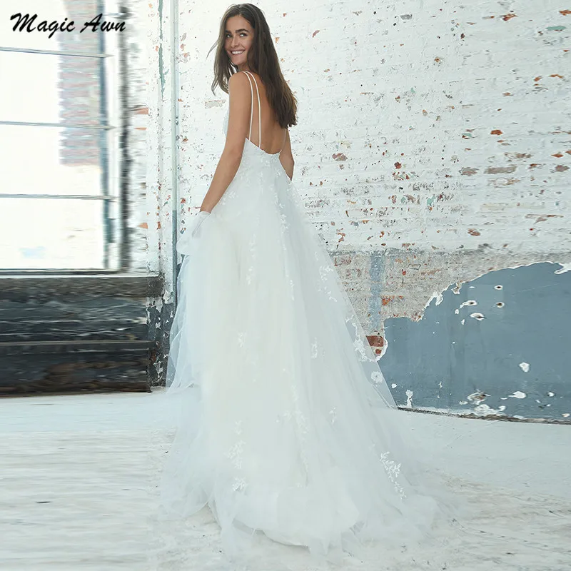 Mágica awn 2021 vestidos de casamento de tule, boho, rendas, apliques, alças espaguete, praia, vestido de casamento, bolsos traseiros abertos, linha a