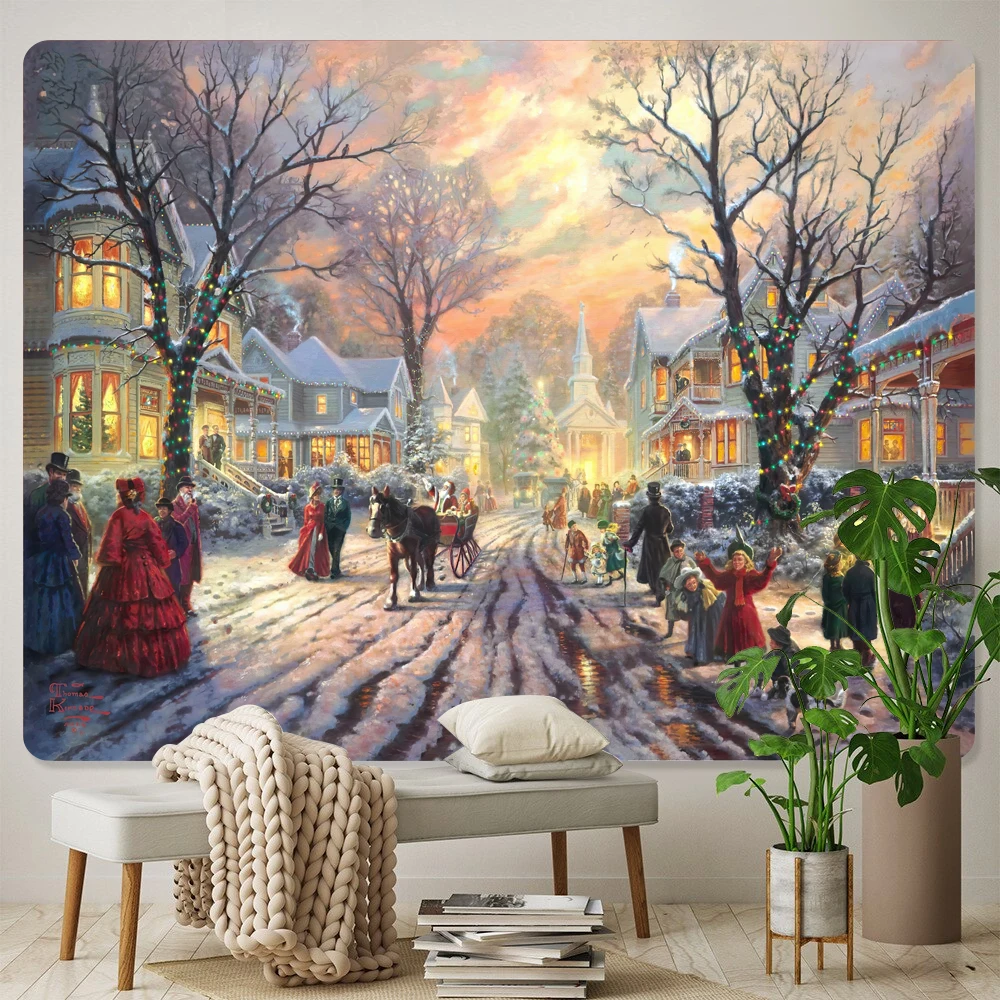 

Christmas snow fairy tale cottage home art tapestry psychedelic scene Bohemian decorative yoga mat sofa blanket sheet