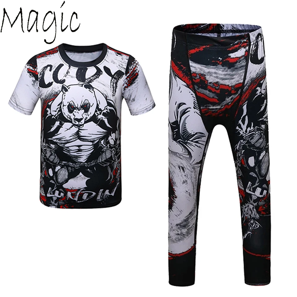 Kaus Jiu Jusit Rashguard + Set Celana Anak-anak Celana Pendek Bjj Tinju Muay Thai MMA Pelindung Ruam untuk Anak-anak Pakaian Olahraga Kompresi MMA