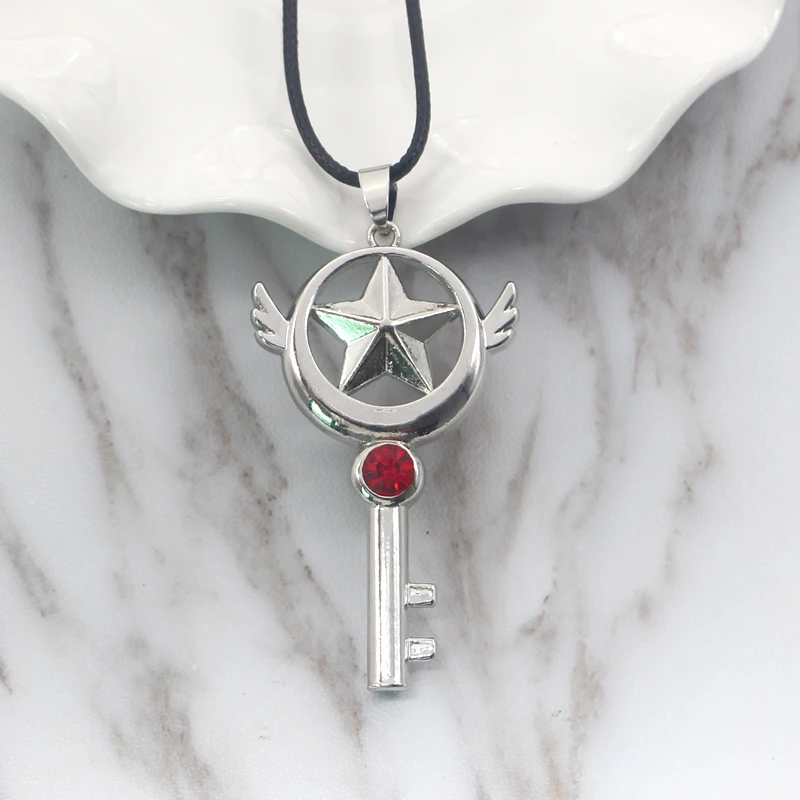 Classic Anime Series Cherry Blossom Necklace Key Angel Wings Pentagram Inlaid Red Rhinestone Alloy Necklace Girl Birthday Gift