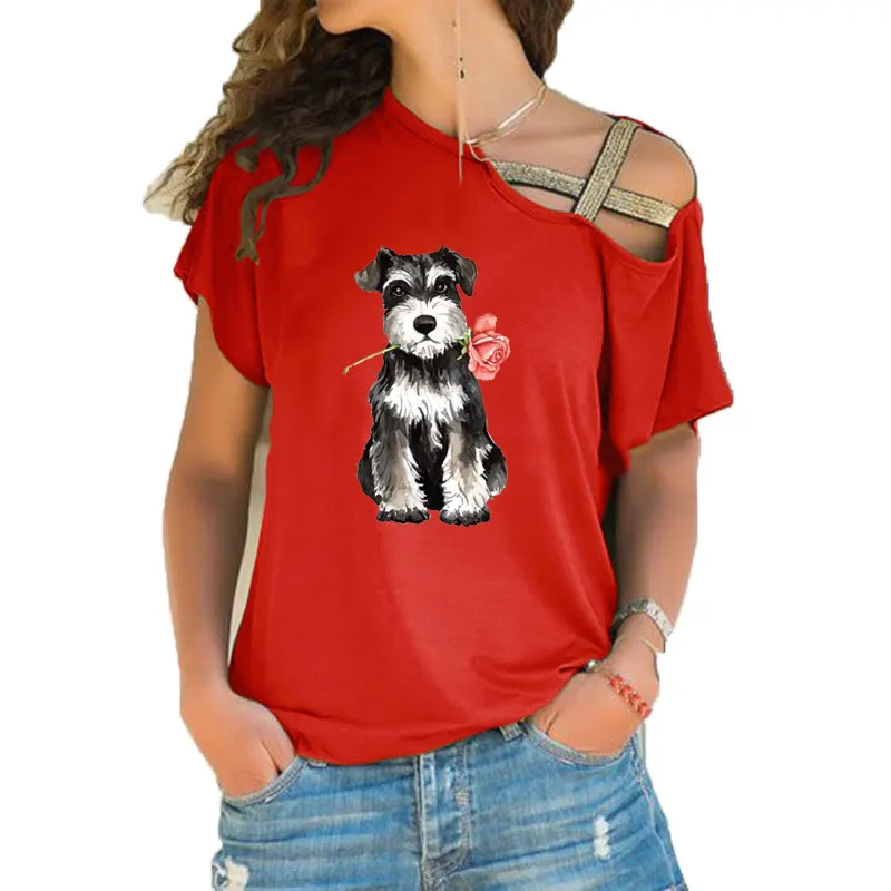 New Summer Cute Rose Mini Schnauzer stampa divertente Teeshirt donna manica corta sciolto irregolare obliquo croce fasciatura top Tee