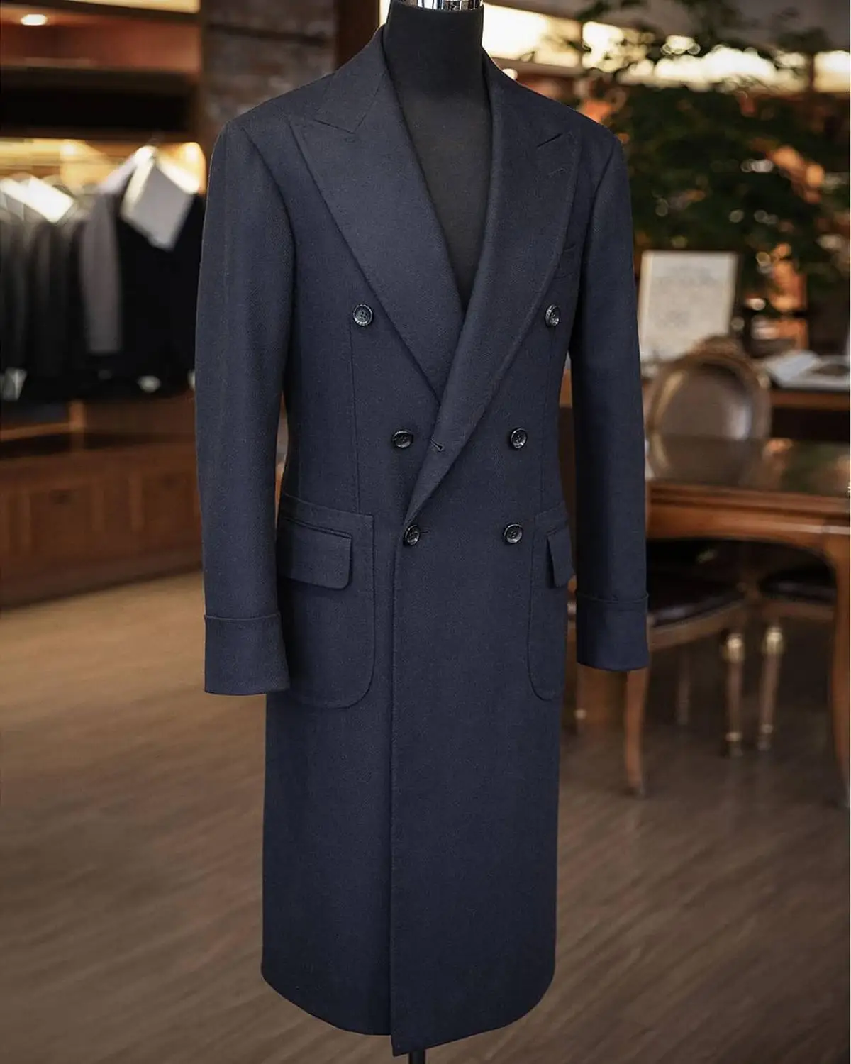 

Navy England Style Woolen Mid-Length Overcoat For Men Solid Double Breasted Cacual 2021 Winter Fashion Notched Thicken Jacket