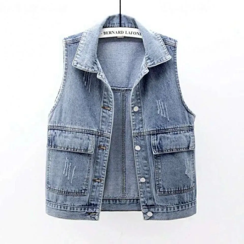 

Sleeveless Denim Vest Jacket Women Waistcoat Fashion 2023 Oversized Outerwear With Pockets Tops With Frayed Hole Female Clothing