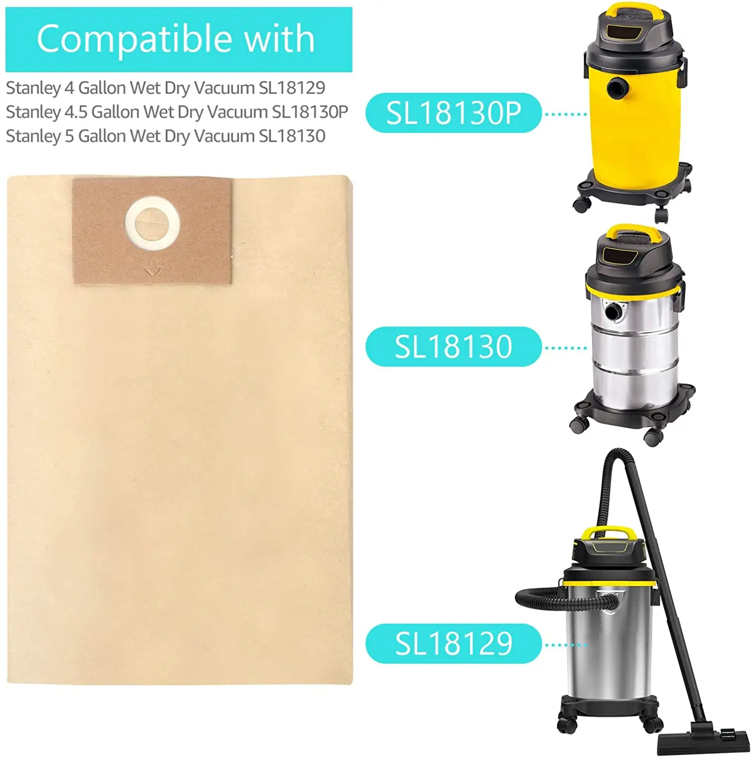 กรองทิ้งกระเป๋าเข้ากันได้กับ Stanley 4-5แกลลอนเครื่องดูดฝุ่นเปียก/แห้ง,#25-1230 ,10แพ็ค
