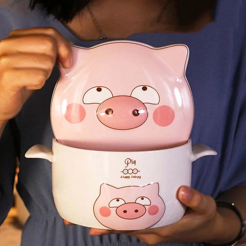 Ceramic Ramen Rice Bowl Cute Kawaii Cartoon Pig Instant Noodle Bowl  Fruit Salad Soup Bowls Mug Tableware Kitchen Accessories