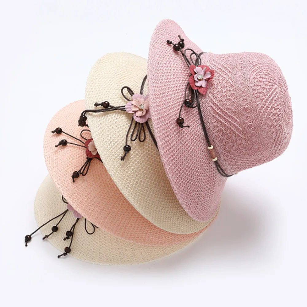 Women Bow Flowers Straw Hat Outdoor Sun Sunscreen Collapsible Beach Hat MZ007