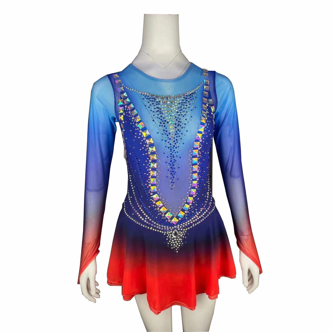 

Blue Figure Skating Dress Long-Sleeved Ice Skating Skirt Spandex