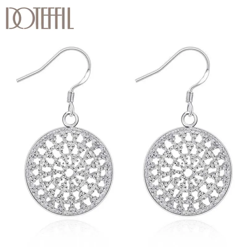 DOTEFFIL 925 Sterling Silver Hollow Out Round Plate Earrings Charm Women Jewelry Fashion Wedding Engagement Party Gift