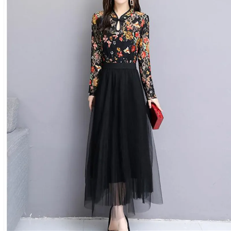 

Long Sleeve Loose 3XL Plus Size Loose Dress autumn new lace ethnic style stitching mesh yarn temperament bottoming dress