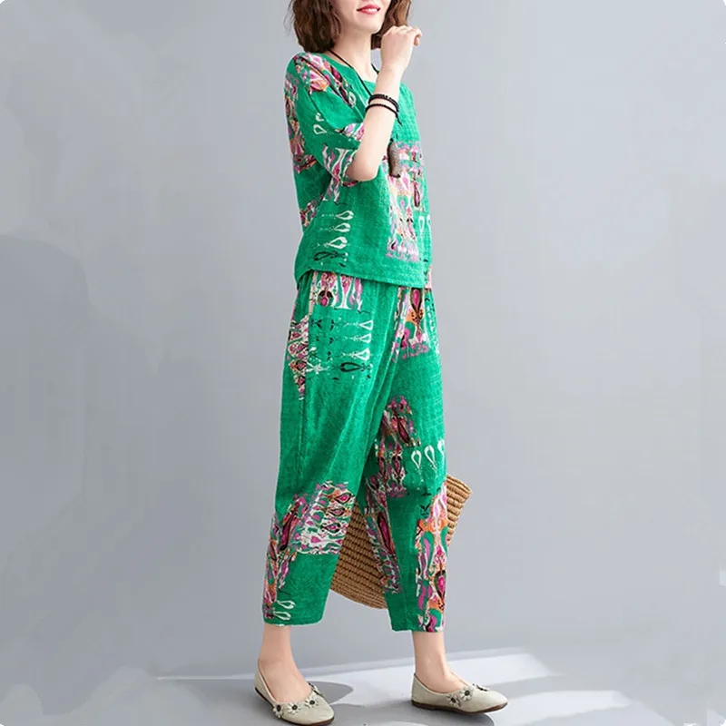 UHYTGF Women Suit Fashion Printed Cotton Linen Casual Thin Summer Two-Piece Seet Female Tracksuit Vintage Big Size Clothes 2187