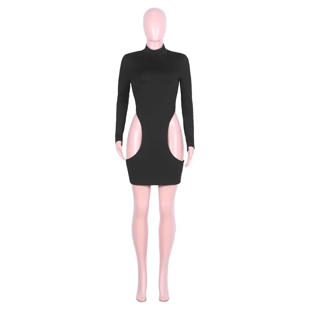 SKMY Women Clothing Round Neck Long Sleeve Bodycon Dress Spring New Fashion Sexy Side Cut Out Black Dress Party Clubwear