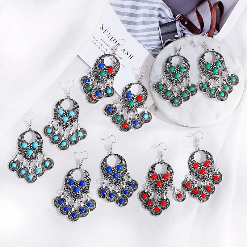 5 Color Ethnic Classic Geometry Alloy Gypsy Drop Earrings Vintage Turquoises Boho Earrings Oorbellen Jhumka Earrings