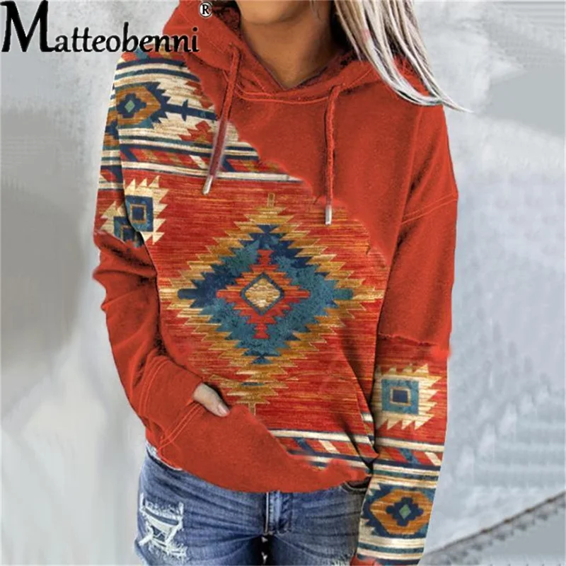 

2021 Fashion Printed Patchwork Hooded Sweatshirt Women O-Neck Long Sleeve Casual Loose Hoodies Lady Winter Warm Pocket Pullovers