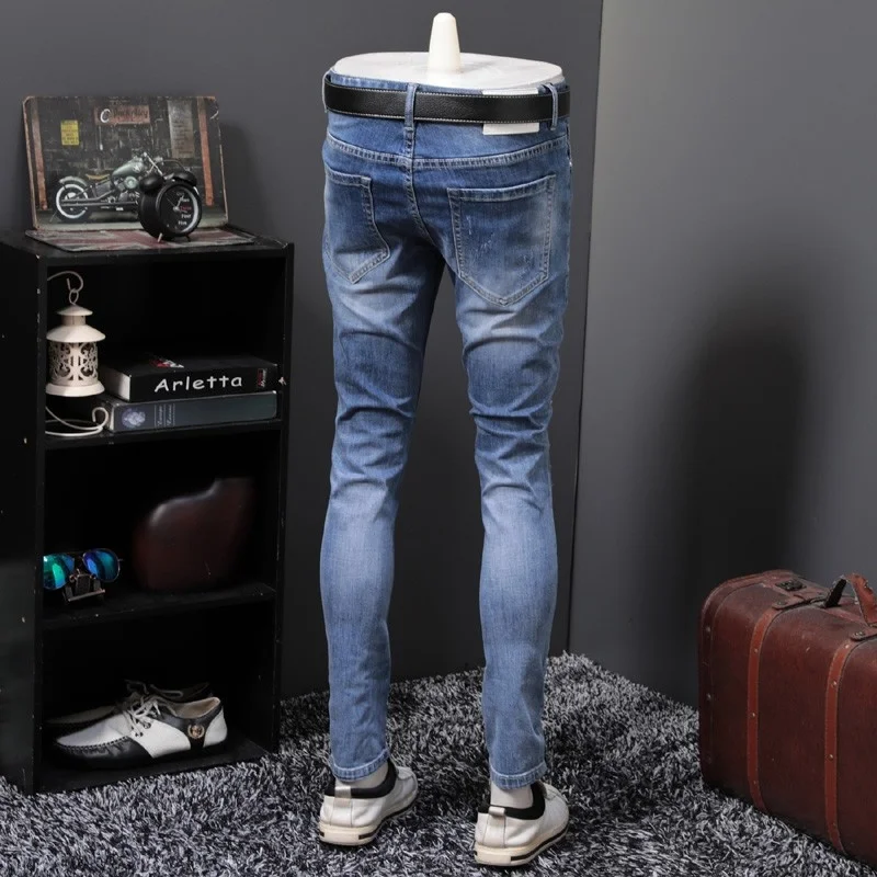 Brand Top New Embroidery Ripped Mens Denim Pencil Pants Full Length Slim Fit Personality Clubwear Casual Male Jeans Trousers