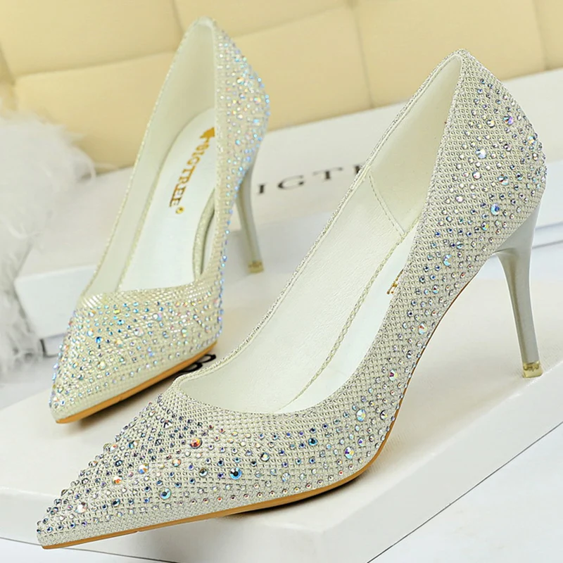 2023 Elegant Women Glitter Crystal Thin High Heels Bride Pumps White Silver Pink Tacones Heels Cinderella Wedding Shoes Big Size