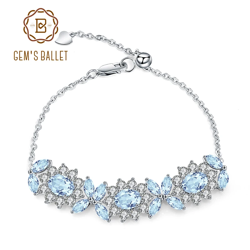 GEM'S BALLET 8.27Ct Natural Sky Blue Topaz Flower Bracelet 925 Sterling Silver Adjustable Bracelets Bangles For Women Wedding