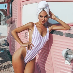 2024 Sexy One Piece Swimsuit Women V-Neck Swimwear Female Striped Print Bodysuit Monokini Backless Bathing Suit Summer Beachwear