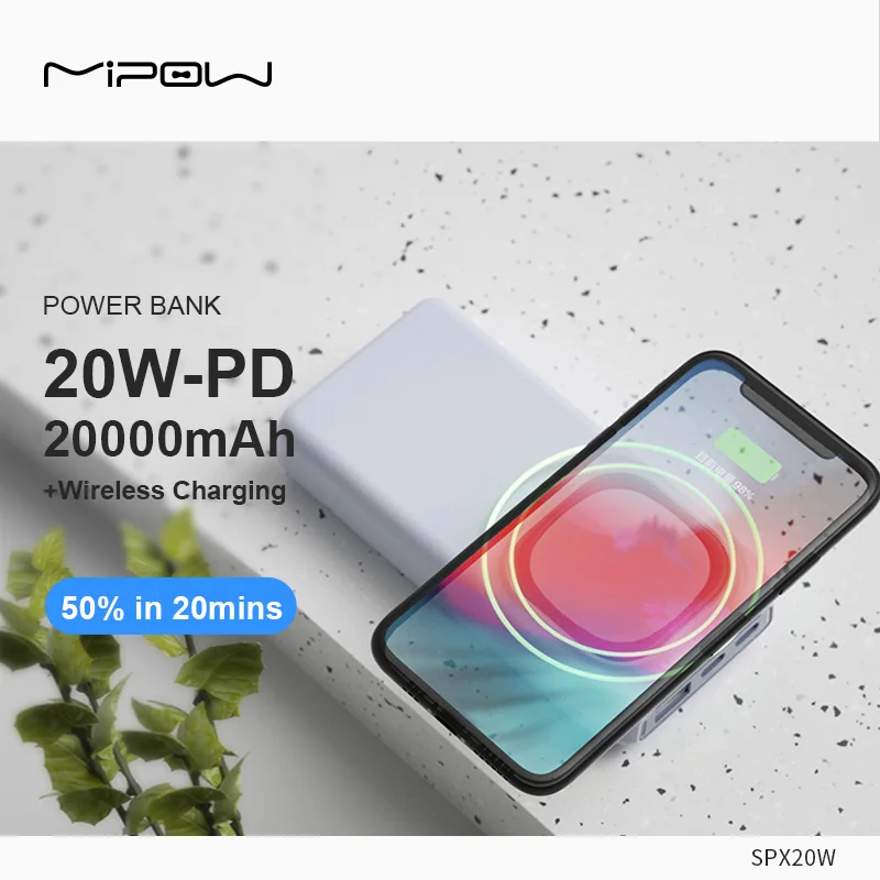 MIPOW Wireless Charging Power Bank 20000mAh Portable Charger External Battery PD 20W Fast Charging For iPhone 13 Xiaomi Huawei