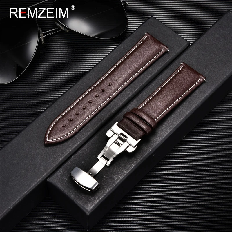 REMZEIM Calfskin Leather Watchband Soft Material Watch Band Wrist Strap 18mm 20mm 22mm 24mm Stainless Steel Butterfly Buckle