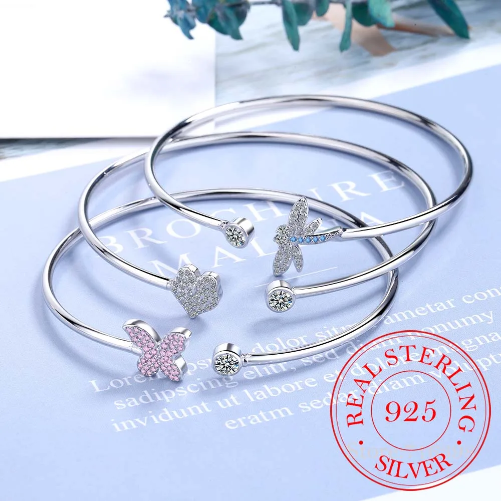 925 Sterling Silver Crystal Butterfly/Dragonfly/Heart Charm Bangles For Women Bracelet &Bangle Wedding Birthday Party Jewelry