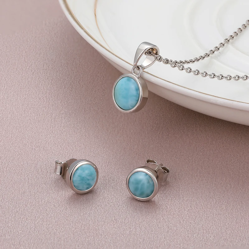 2021 Simple Fashion Geometric Round Charm 925 Sterling Silver Jewelry Gift Classic Natural Precious Larimar Earrings for Women