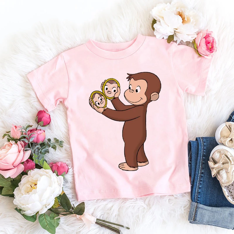 T-shirt rose à manches courtes pour fille, vêtement estival avec motif de dessin animé mignon George, singe imprimé, kawaii