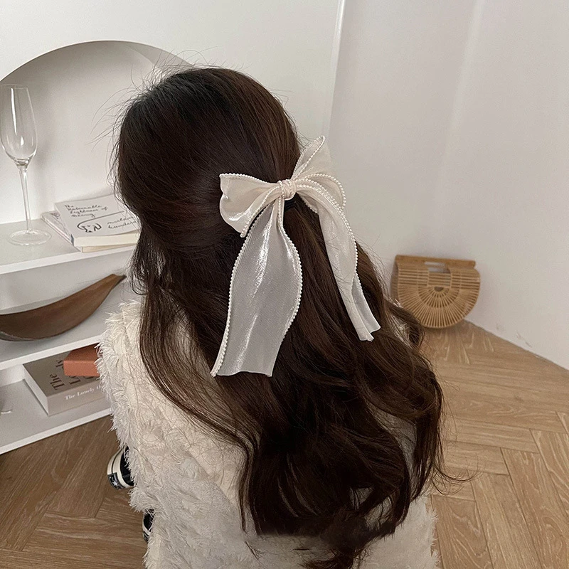 Elegante Perle Streamer Bögen Haar Clip Frauen Pferdeschwanz Haarnadel Entenschnabel Clip Perle Chiffon Bowknot Haar Griffe Haarspangen Kopfschmuck – Detail 8