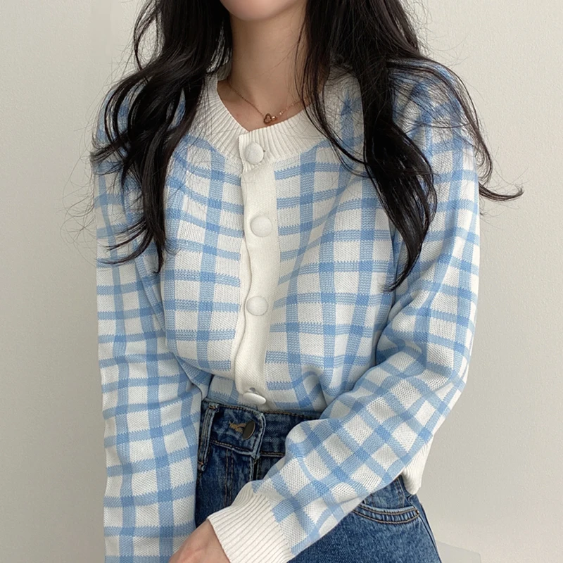 Neue Herbst Strickjacken für Frauen Harajuku Mantel kariert Langarm Einreiher Plaid kurz geschnittenen Strick pullover schicke Damen