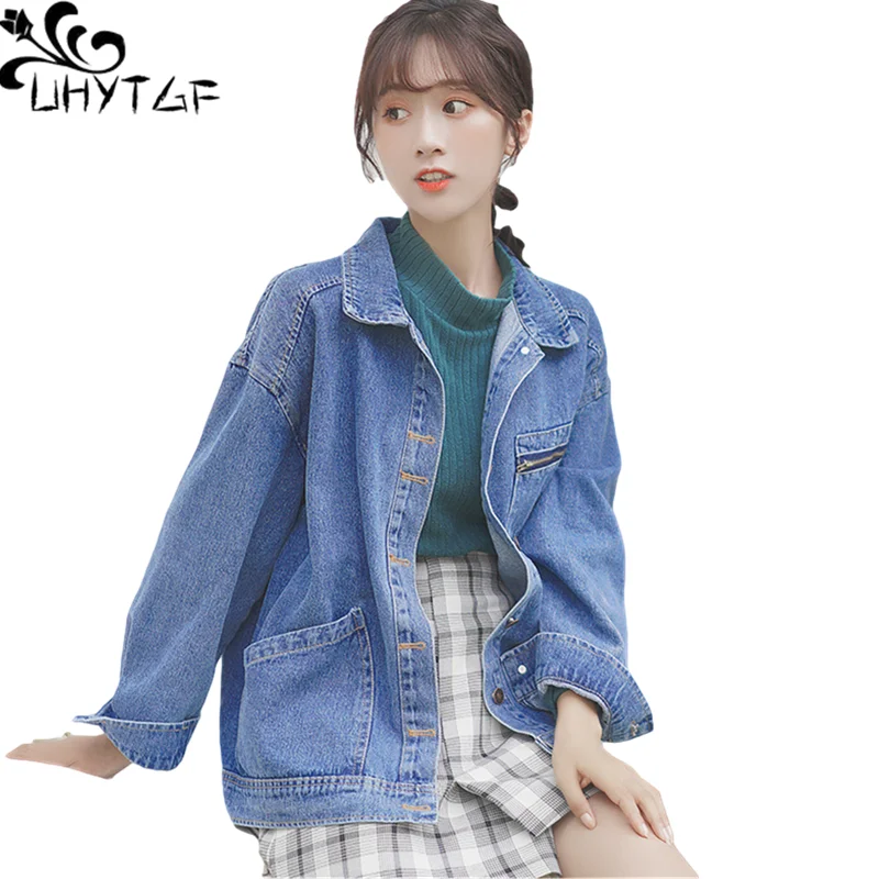 

UHYTGF Women's Denim Jacket Cute Girl Casual Spring Autumn Jeans Coat Long Sleeves Wild Student Loose Big Size Outerwear 1266