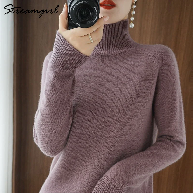 Streamgirl Winter Sweater Women Turtleneck Pullovers Solid Knitted Tops White Turtleneck Sweaters For Women Spring Blue Sweater