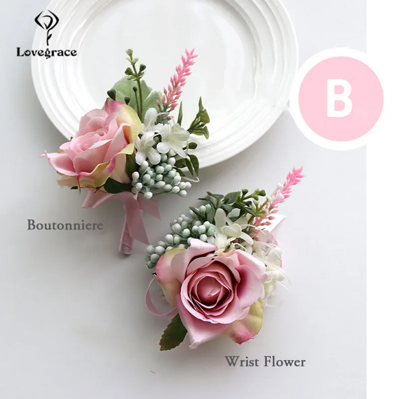 Lovegrace แต่งงาน Corsages และ Boutonnieres ดอกไม้ผ้าไหมกุหลาบน้องสาวสีชมพูเข็มกลัด Corsage Pins แต่งงานอุปกรณ์เสริมสร้อยข้อมือ