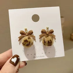 New Korean Cute Plush Wood Plate Earrings Wild Hair Fur Pompom Ball Earrings For Women Fashion Girls Earrings Christmas Gift