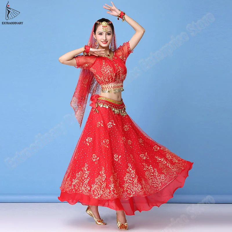 Bollywood Dress Costume Set Indian Sari Women Belly Dance Performance Clothes Chiffon Top+Belt+Skirt Outfit