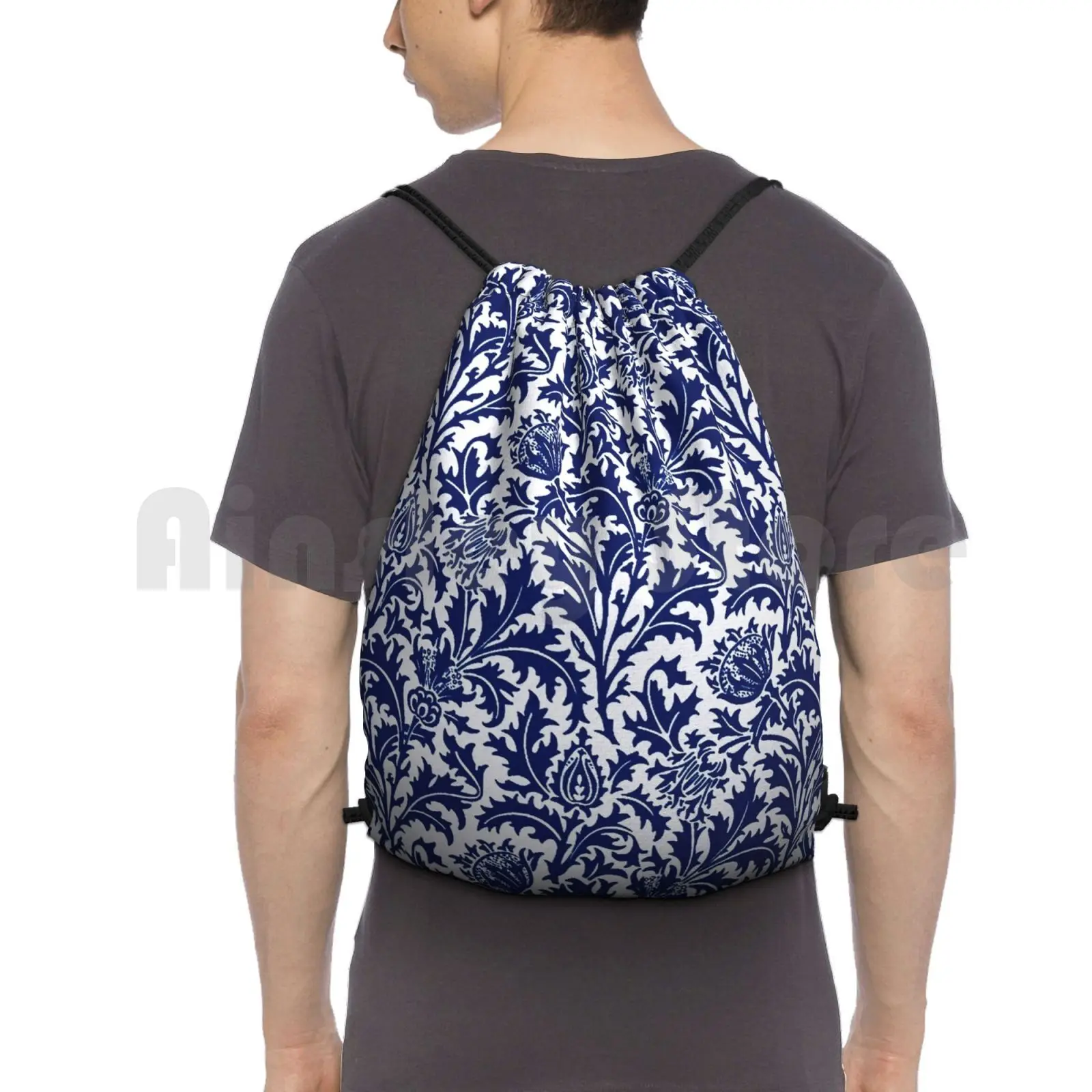 

William Morris Thistle Damask , Cobalt Blue And White Backpack Drawstring Bags Gym Bag Waterproof William Morris Art