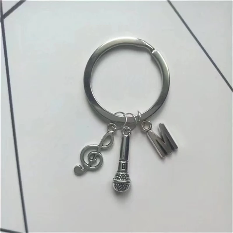 Antique Silver Color Keychain, Microphone and Music Note keyring, Initial, Creative Gift