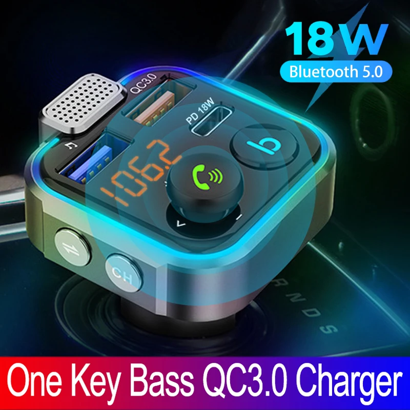 QC3.0 PD 18W Car Charger One Button Bass Mp3 Player Bluetooth 5.0 FM Transmitter External Large Microphone Music Player