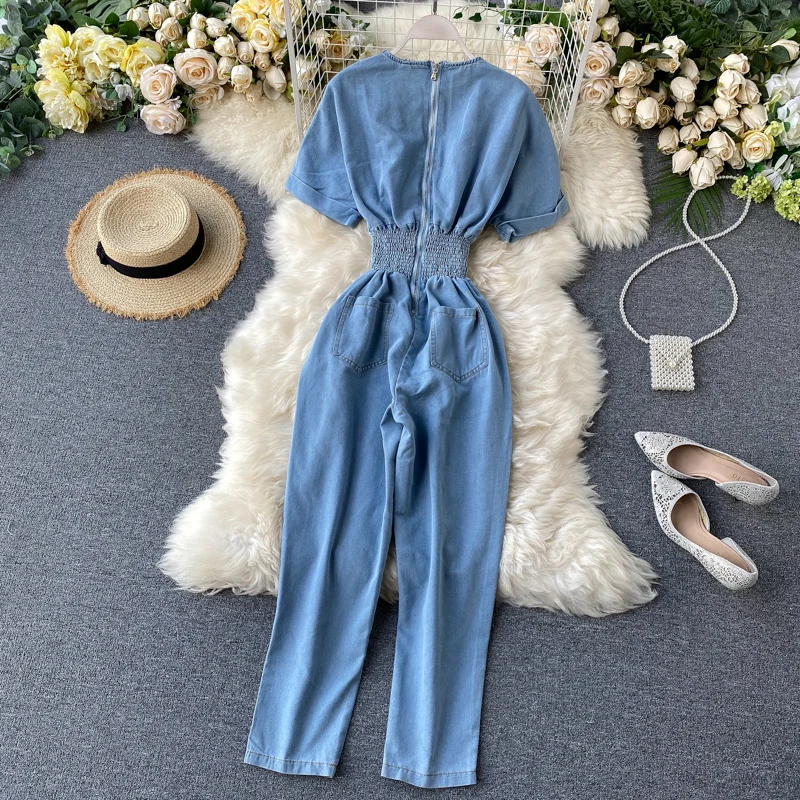 Amolapha Women Soild V Neck Batwing Sleeve Elastic Waist Button Pockets Denim Jumpsuits Casual Jean Jumpsuit Rompers