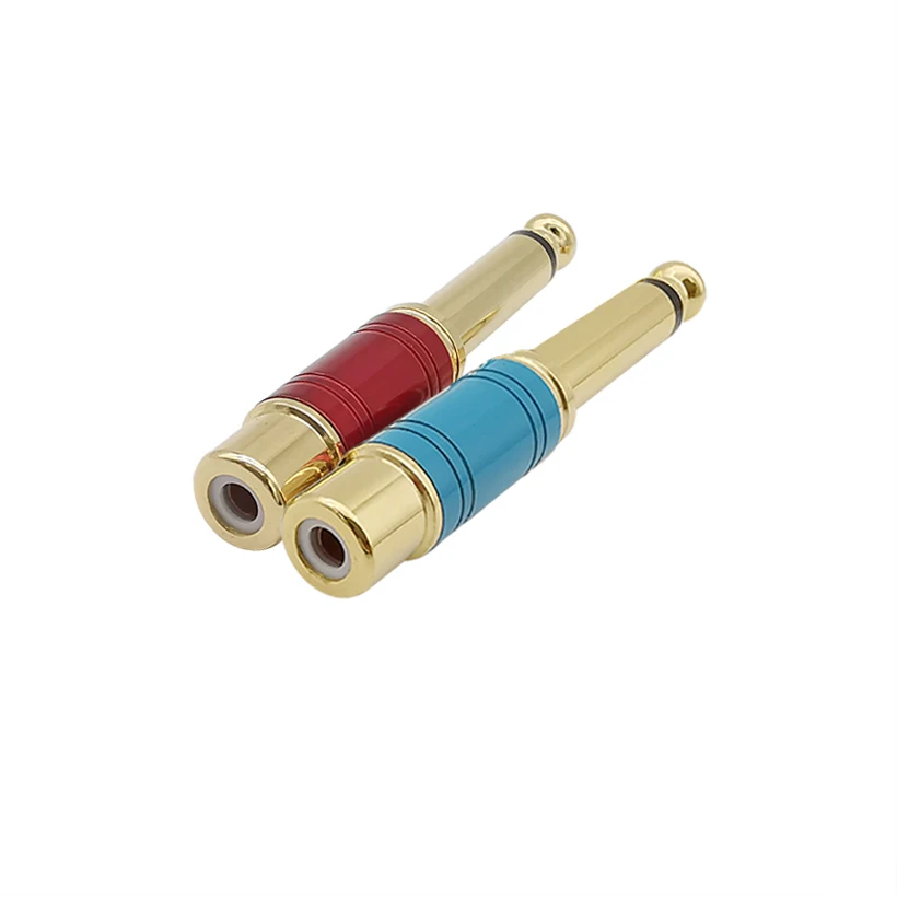 1 para RCA 6.35mm Mono Jack męski do żeńskiego Adapter do głośnika złącze RCA konwerter Audio złącze czerwone i niebieskie