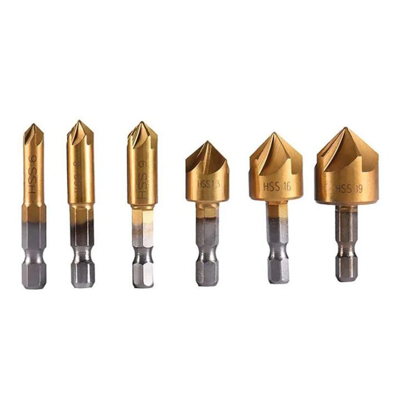 3-6PCS/Set HSS Chamfer Countersink Chamfer Drill Bit 1/4" Hex Shank  Wood Chamfering Cutter Power Tool Accessories 6mm-19mm