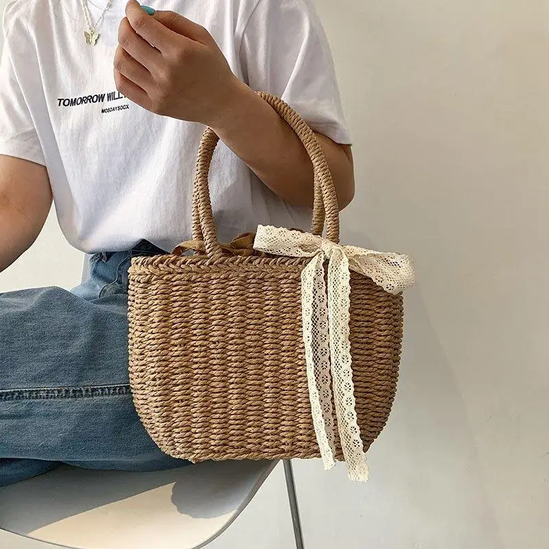 

Casual Lace Rattan Women Handbags Wicker Woven Lady Hand Bags Summer Beach Straw Basket Bag Large Tote Travel Bucket Purses 2021