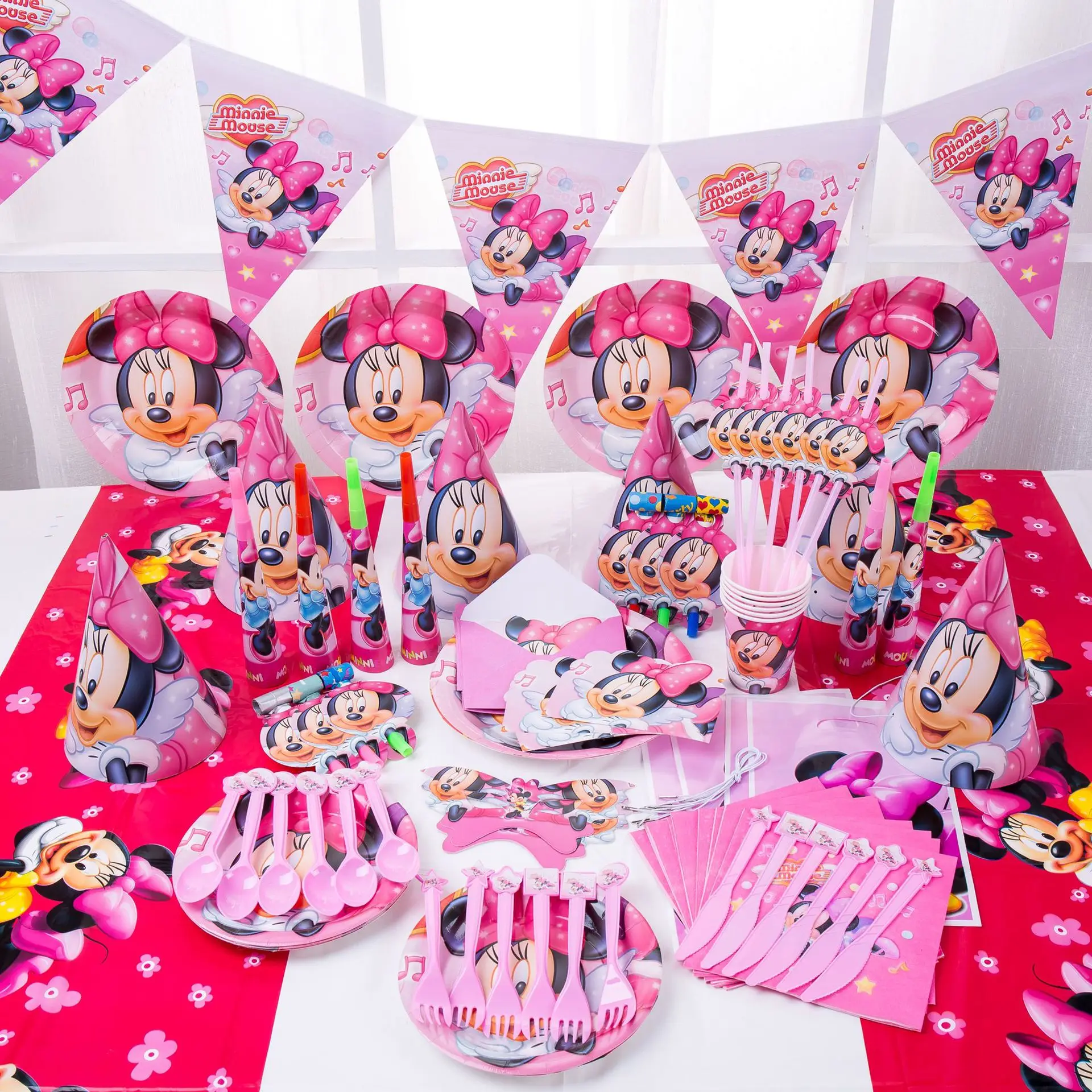 Disney Minnie Mouse Theme Paper Cup Plate Hat Mask Plastic Straw Gift Bag Boy Girl Birthday Party Baby Shower Decoration Supplie