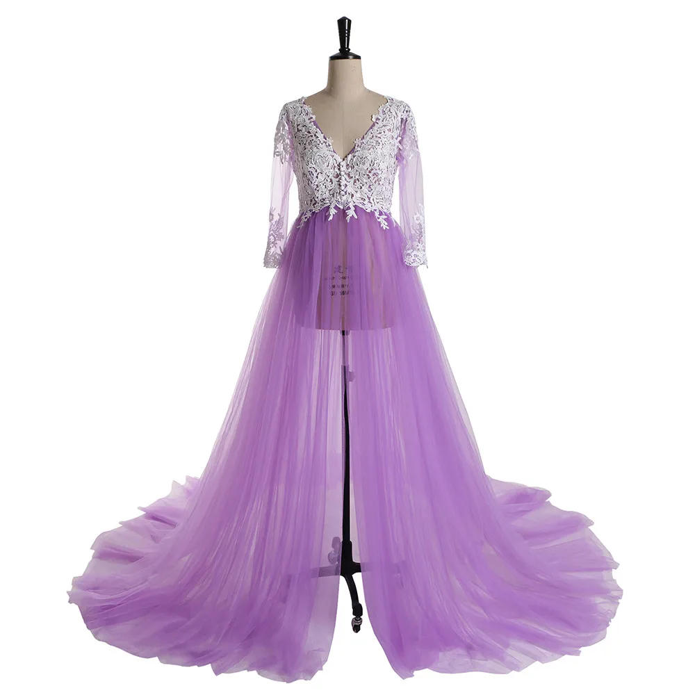 Dentelle formelle enceinte Photo robes manches longues Tulle bleu Royal bal robes de soirée grande taille 2021 robe de soirée tenue de fête