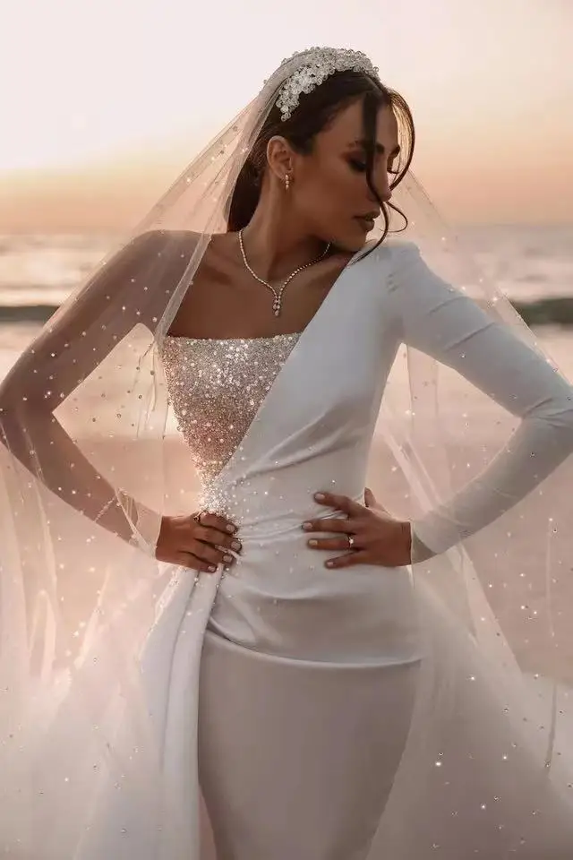 

Satin Mermaid Wedding Dresses One Shoulder Long Sleeves Luxurious Beads Chapel Train Saudi Arabia Wedding Bridal Gowns 2024