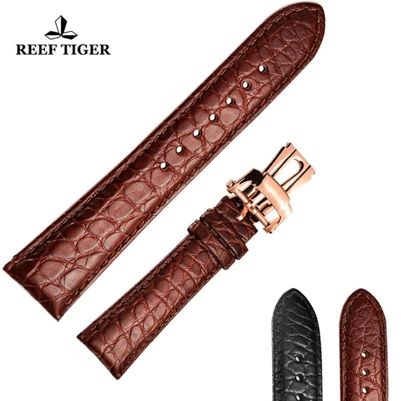 Reef Tiger/RT 22 mm Watch Band Alligator Strap for Men Brown Black Genuine Leather Watch Strap