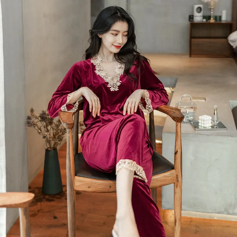 2021 Autumn New Pajamas Set Casual Women Sleepwear Velour 2 Pieces Shirt&Pants Lounge Wear Soft Velvet Lingerie Home Clothes