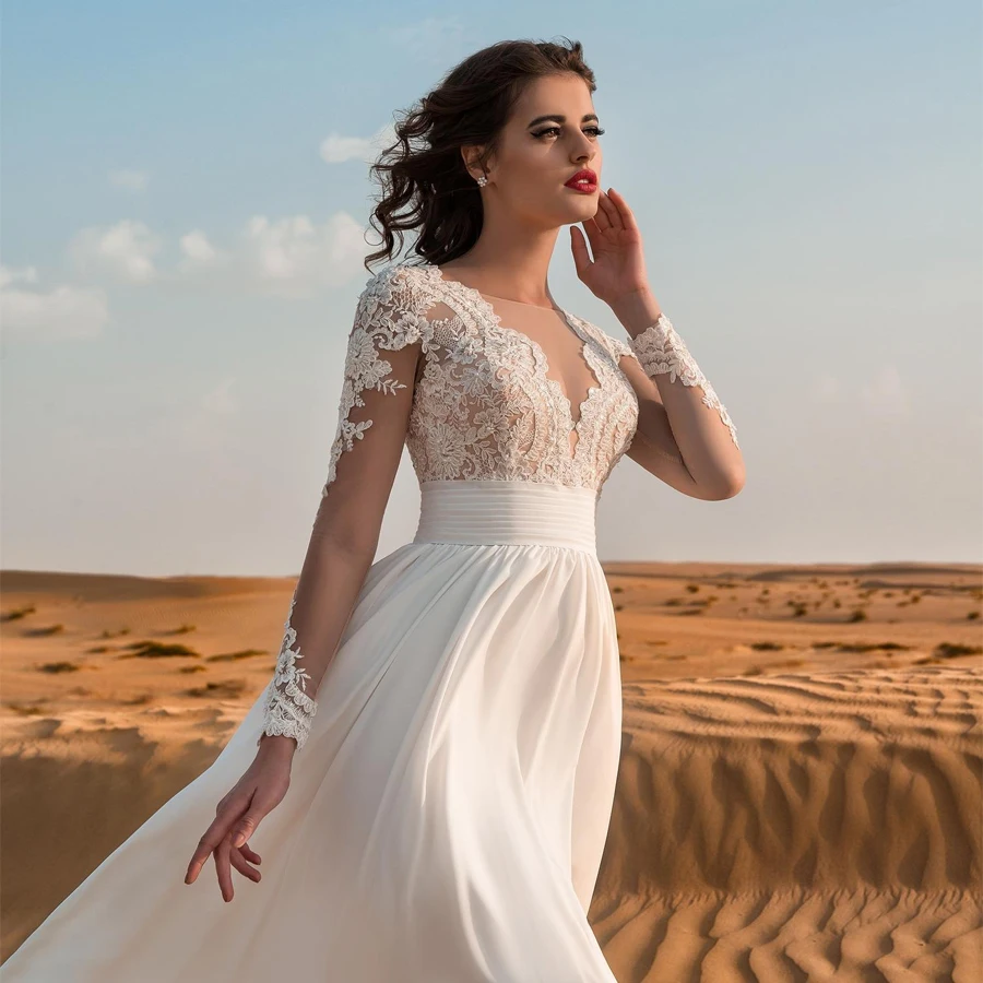 Vestidos para boda De chifón con cuello en V y manga larga, Apliques De encaje transparente, Vestido De Novia De verano