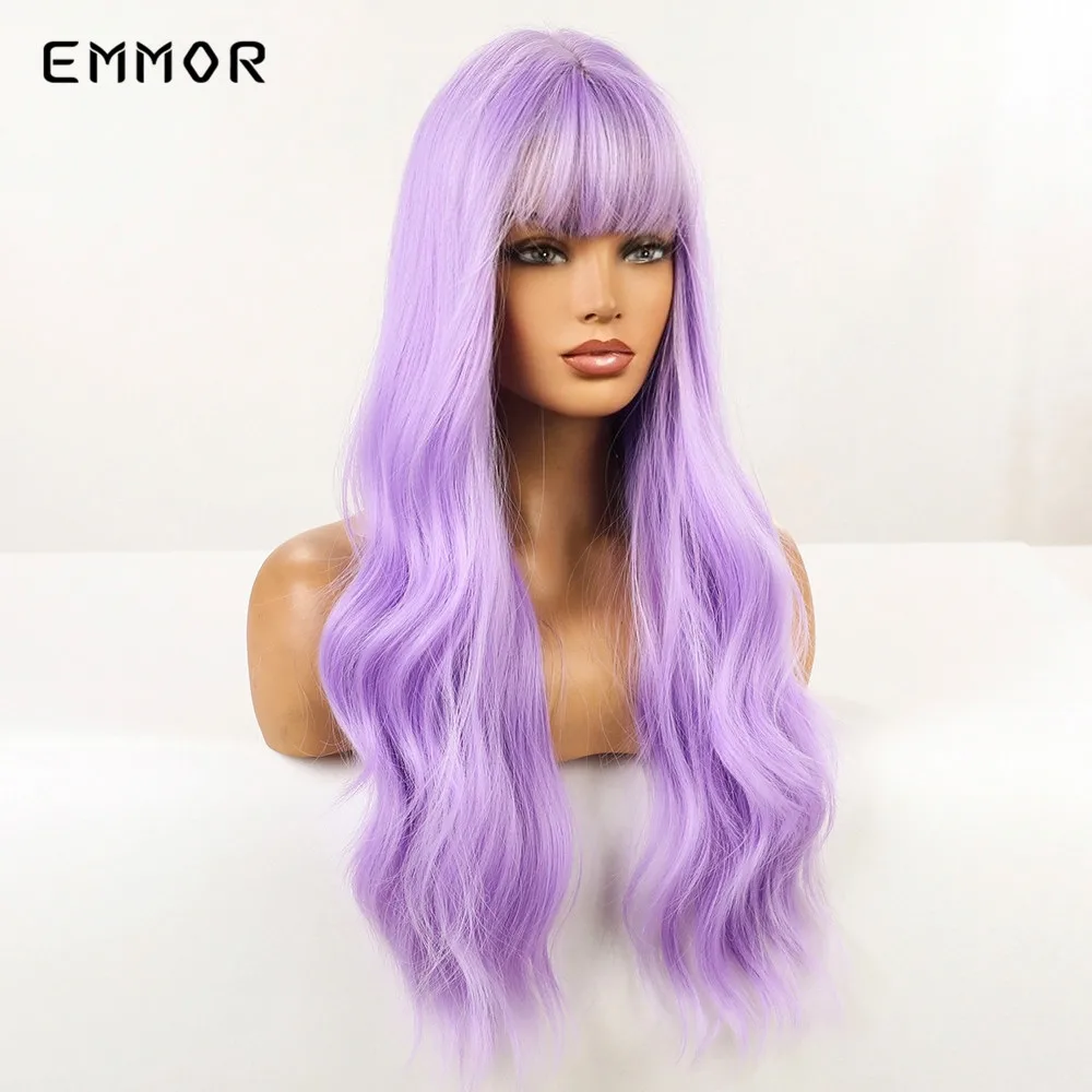 Emmor สีม่วงสังเคราะห์ Wigs สำหรับผู้หญิง Cosplay Party Lolita Wigs Bangs อุณหภูมิสูงธรรมชาติยาวผม Wigs