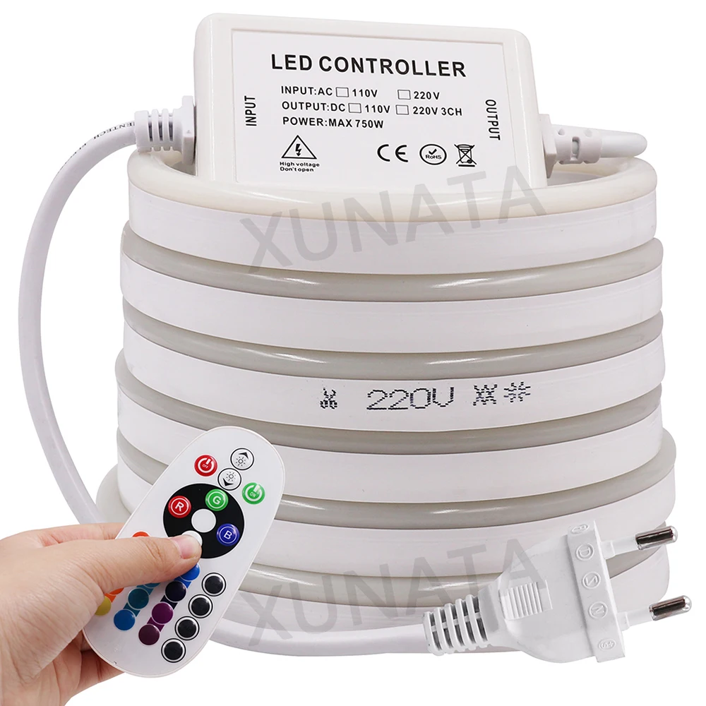 Luz de néon led 220v flexível rgb fita led com controle remoto toque completo 5050 120 leds à prova dwaterproof água sinal néon corda lâmpada ue