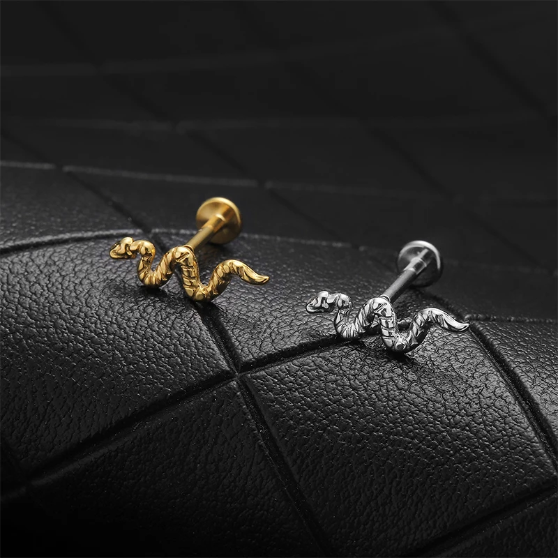 G23 Titanium Antiallergic Snake Leaf Ear Stud Conch Helix Screw Tragus Cartilage Daith Earrings Body Piercing Jewelry 16G
